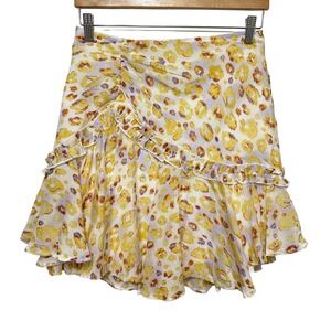 Indikah Tiered Yellow Leopard Ruffle Mini Skirt Women M Coquette French Girl NWT